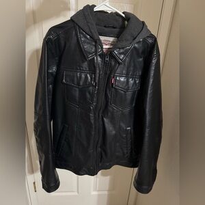 Levi's Black Leather Jacket with Gray Hoodie